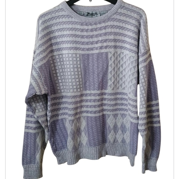 Zeppelin Sweaters - Vintage 1980s-1990s Zeppelin Retro Pastel Geometric Sweater Purple/Cream Size L